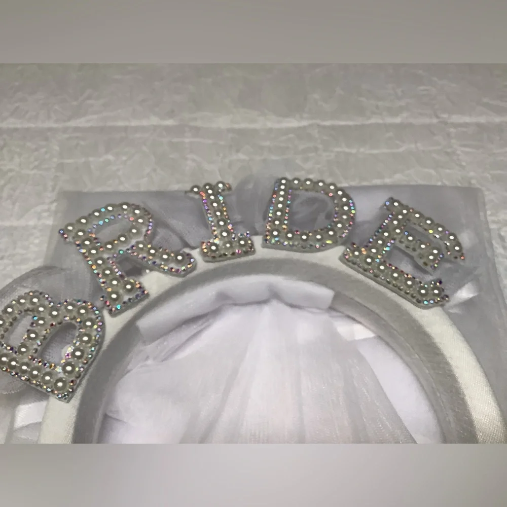 Pearl Embellished BRIDE headband with veil NEW